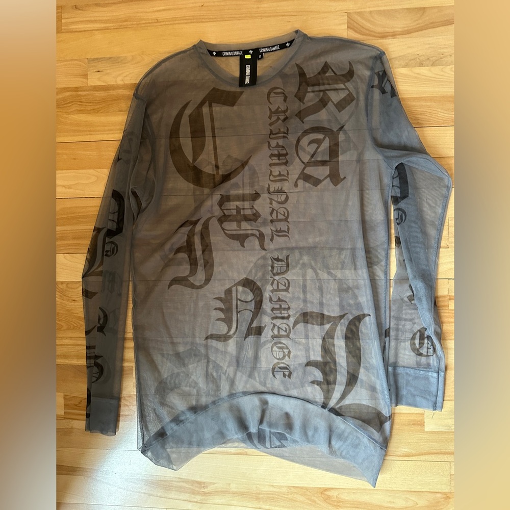 Criminal Damage Gray Long Sleeve Mesh Calligraphy Print See through Shirt